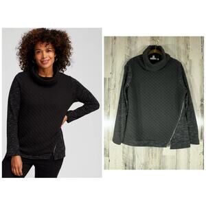 Chicos Zenergy Top Size‎ 1 Medium French Terry Cowl Neck Black Space Dye Zipper